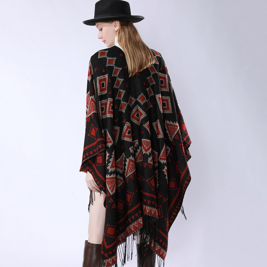 Damen Zweilagiger Kapuzen-Überwurf mit asymmetrischem Fransensaum und geometrischem Jacquard Shop Nory