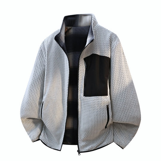 Herren Struktur-Fleecejacke mit Stehkragen, Kontrast-Brusttasche und Zwei-Wege-Reißverschluss Shop Nory