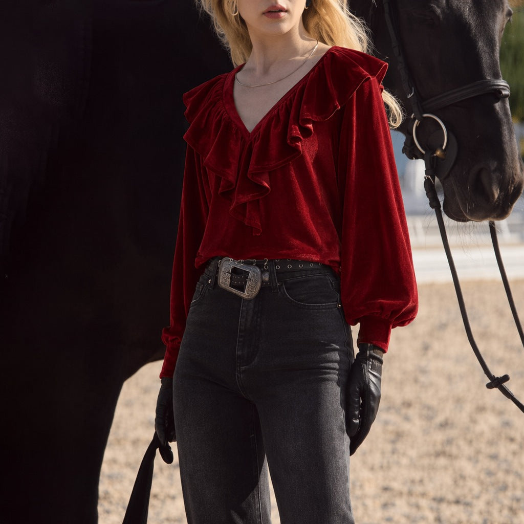 Damen schimmernde V-Neck Rüschenbluse mit Ballonärmeln und elastischen Bündchen Shop Nory