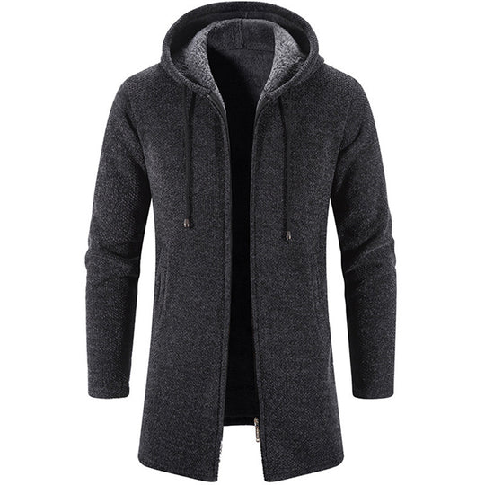Herren langer Kapuzenstrickmantel mit Teddyfutter, durchgehendem Reißverschluss und seitlichen Eingrifftaschen Shop Nory
