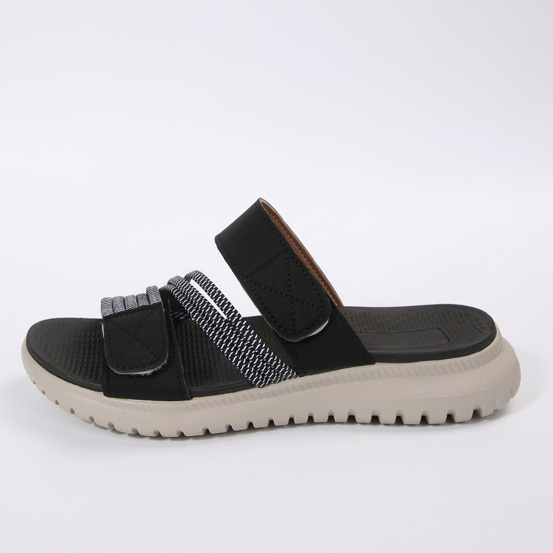 Damen Komfort-Pantolette mit verstellbaren Klettriemen, elastischen Zierbändern und stoßdämpfender Profilsohle Shop Nory