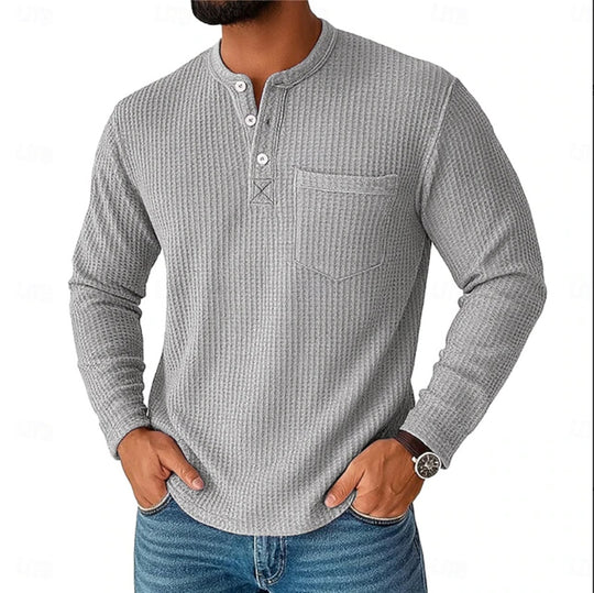 Herren Langarm Henley mit Waffelstruktur und Brusttasche thermisches Langarmshirt Shop Nory