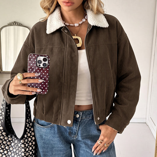 Damen Modische Cordjacke mit Fleecekragen Shop Nory