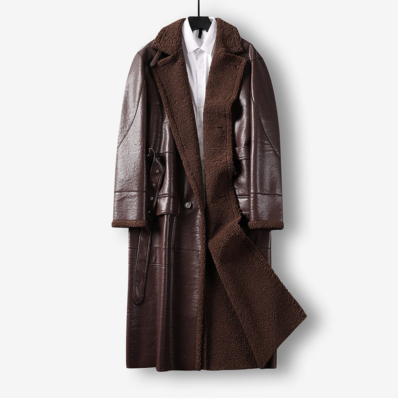 Herren Maxilanger Lederimitat-Mantel mit Teddyfutter, doppelreihiger Knopfleiste und Taillengürtel Shop Nory