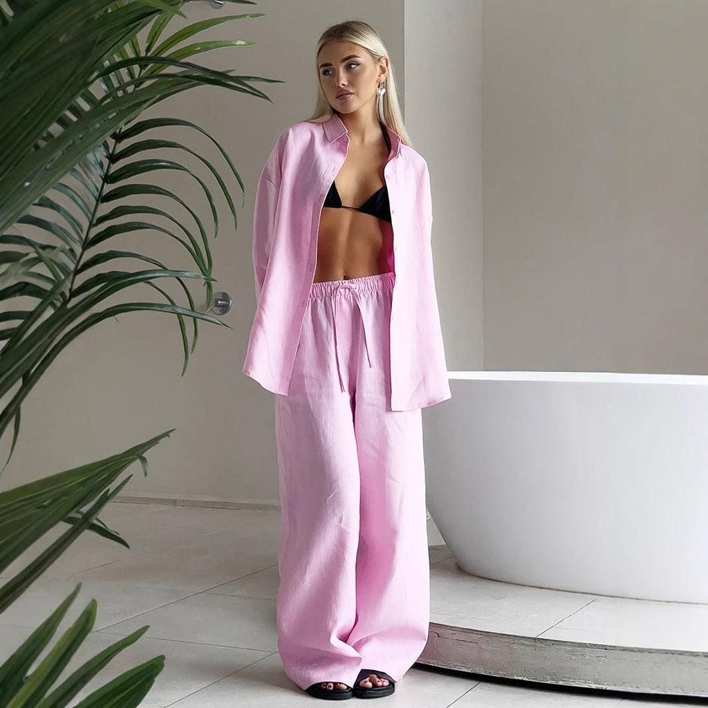Damen luftiges Leinen-Set mit weit geschnittenem Hemd und Hose
