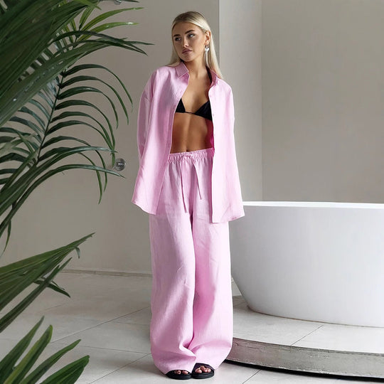 Damen luftiges Leinen-Set mit weit geschnittenem Hemd und Hose