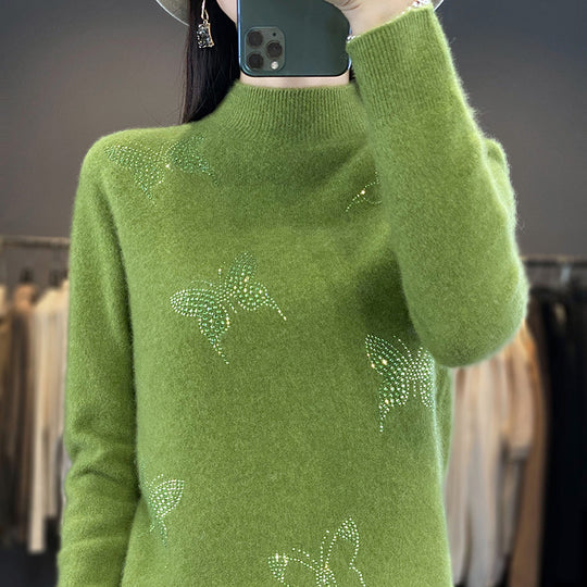 Damen Stehkragen-Feinstrickpullover mit Strass-Schmetterlingsapplikation Shop Nory