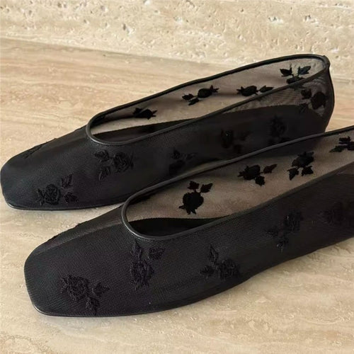 Damen Florale bestickte Ballerina-Slipper mit quadratischer Zehenbox und Mesh-Oberschuh Shop Nory