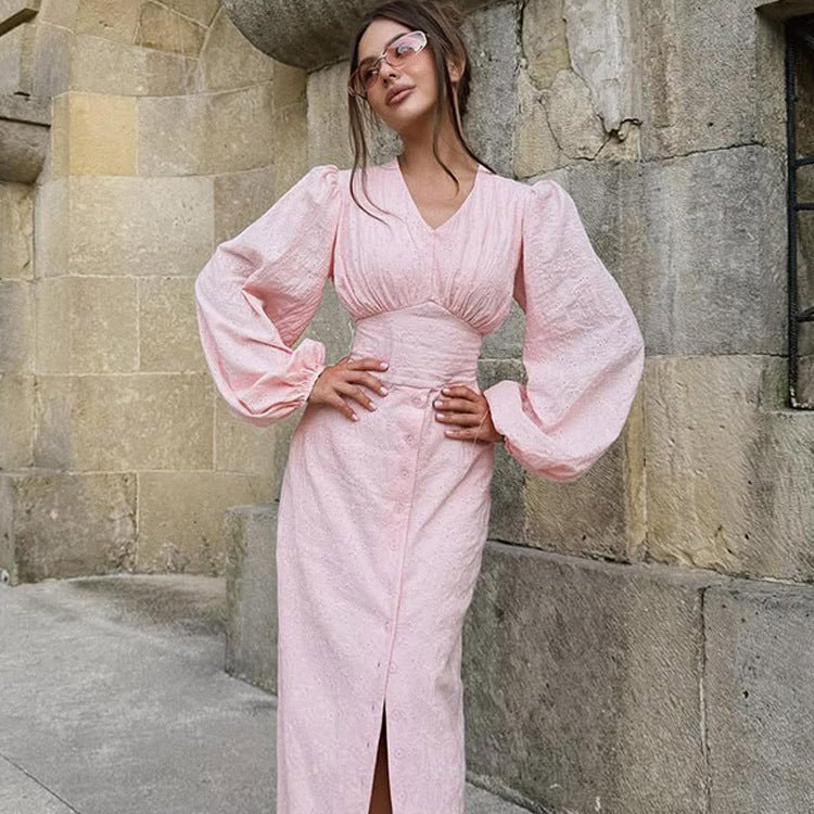 Damen Maxikleid mit Puffärmeln, tailliertem Mieder und Frontknopfleiste Shop Nory