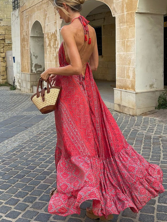 Damen Boho-Maxikleid mit Nackenband, Rückenfreiem Schnitt und Volant Shop Nory