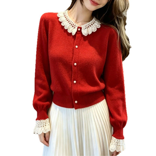 Damen Elegante Strickjacke mit Spitzenausschnitt Shop Nory