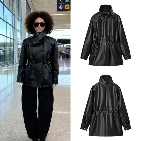 Damen Wasserabweisende Parka‑Jacke aus Kunstleder mit hohem Stehkragen und Tunnelzugtaillierung Shop Nory