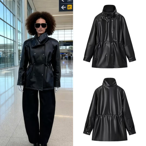Damen Wasserabweisende Parka‑Jacke aus Kunstleder mit hohem Stehkragen und Tunnelzugtaillierung Shop Nory