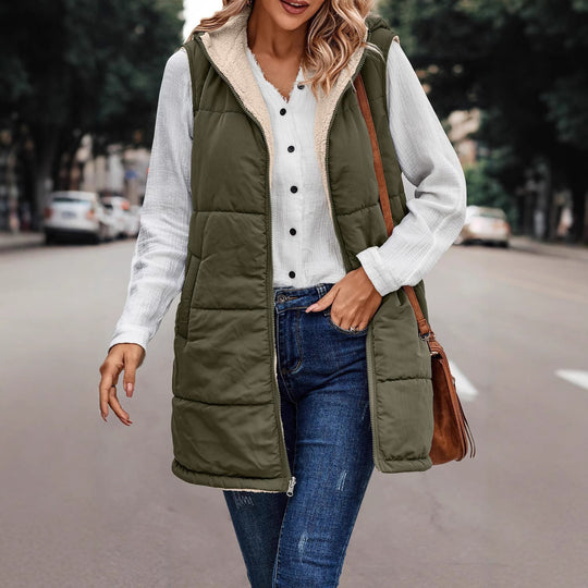 Damen Lange Steppweste mit Kapuze und Teddyfutter Shop Nory