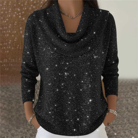 Damen nan schimmernder Strickpullover mit Wasserfallkragen, feiner Glitzerstruktur und schmalem Saum Shop Nory