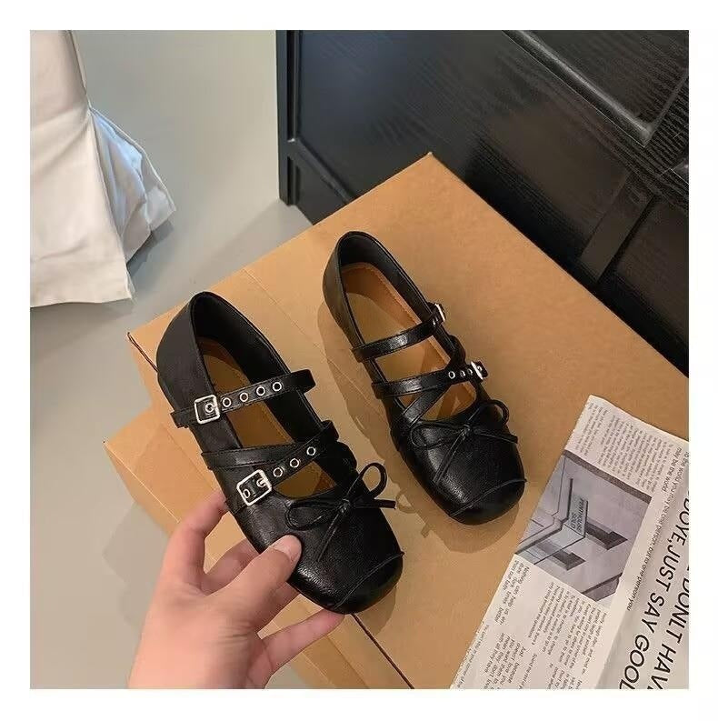 Damen Ballerina-Schuhe mit dekorativen Doppelschnallen und modischen Schleifen