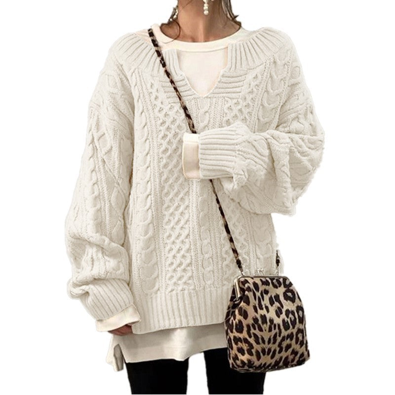 Damen nan weit geschnittener Strickpullover mit Zopfmuster und V-Ausschnitt Shop Nory