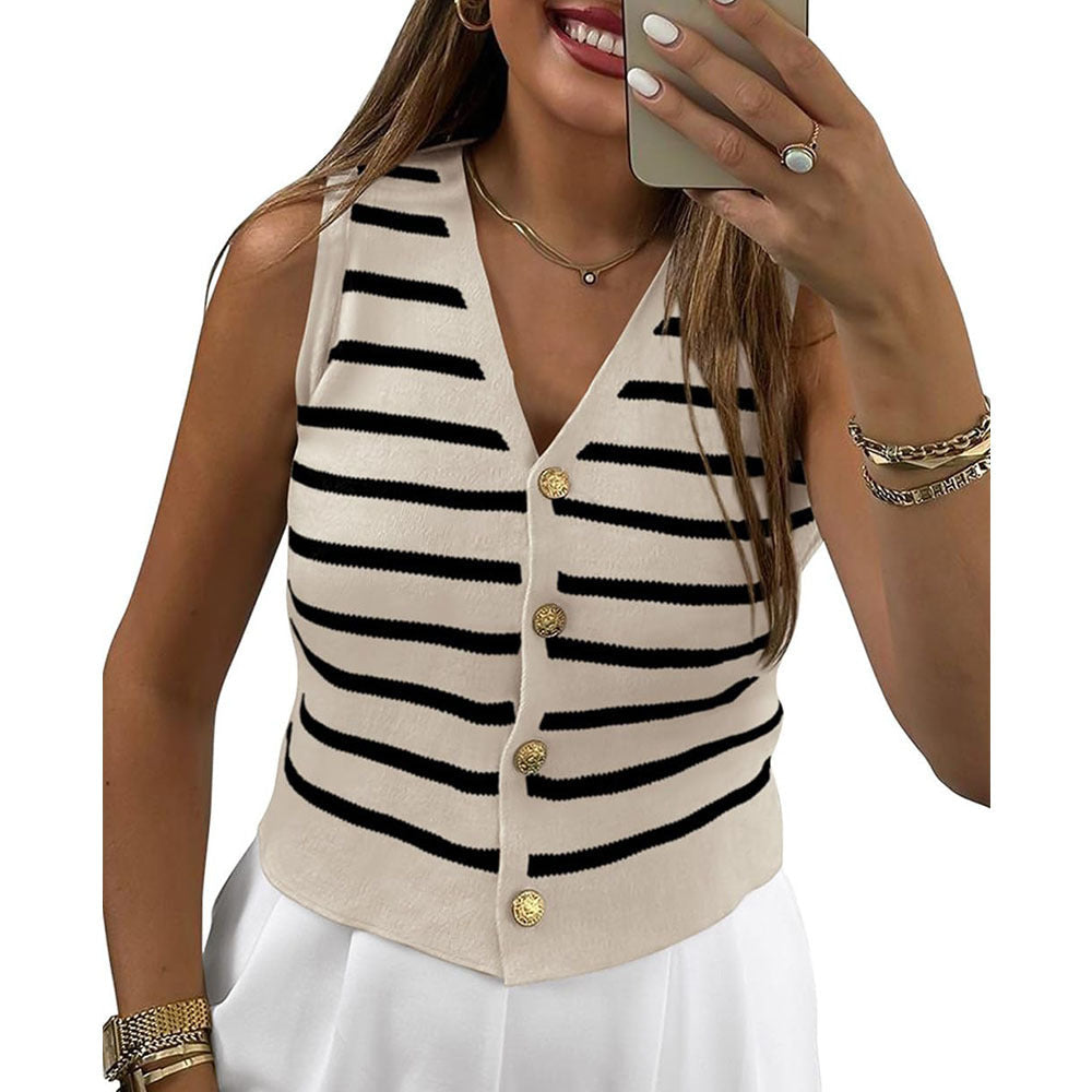 Damen ärmellose Strickweste mit Knopfdetails und Streifenmuster