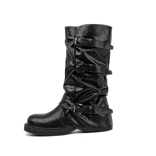 Damen Bikerstiefel mit mehrfachen Zierschnallen, gerafftem Schaft und robuster Profilsohle Shop Nory