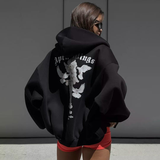 Damen oversized Kapuzenpullover mit Engels-Print und kunstvollem Rückendruck Shop Nory