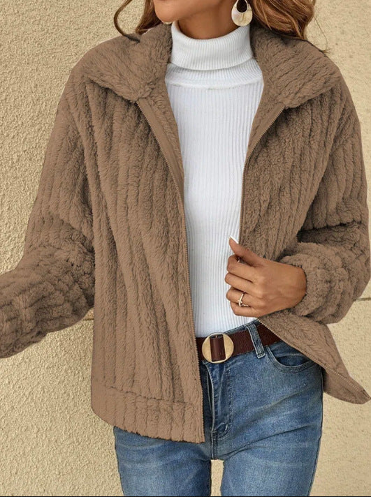 Damen nan kuschelige Teddyjacke mit durchgehendem Reißverschluss, Stehkragen und Eingrifftaschen Shop Nory