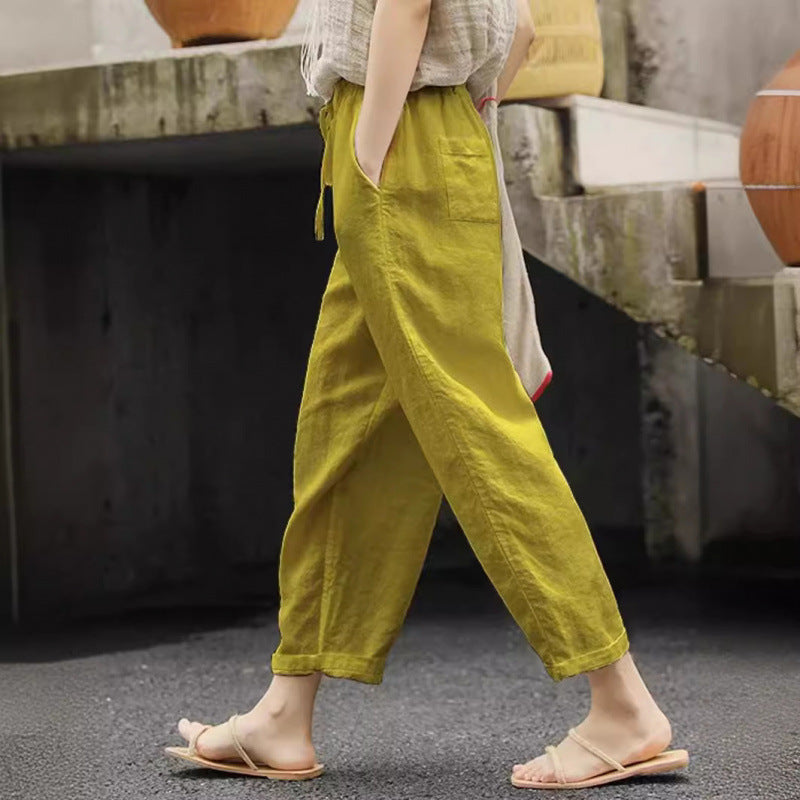 Damen lässige Leinenhose mit elastischem Bund und seitlichen Taschen ShopNory
