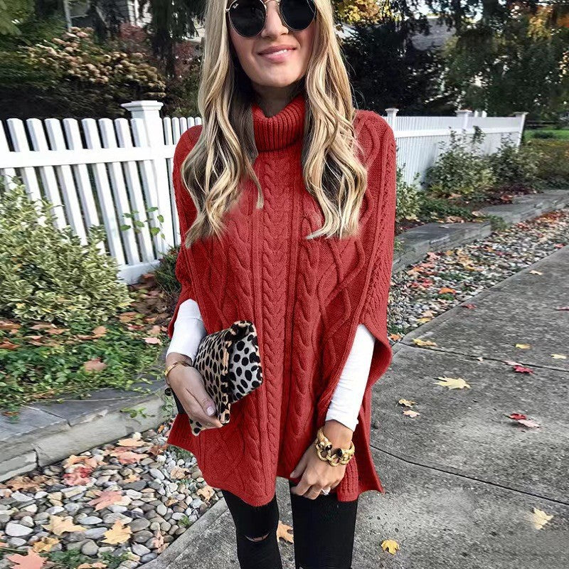 Damen nan kastiger Strickponcho mit hohem Rollkragen, Zopfstruktur und seitlichen Schlitzen Shop Nory