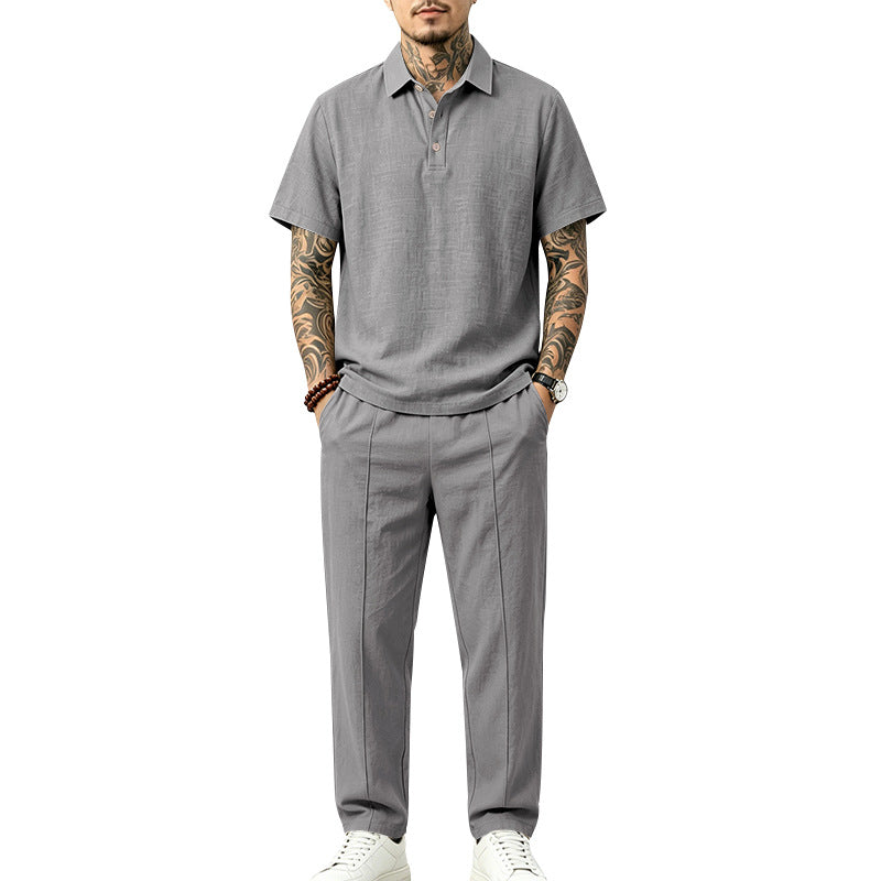 Herren Polo-Lounge-Set aus leichter Leinenmischung mit Kurzarm-Polo und gerader Bundfaltenhose Shop Nory