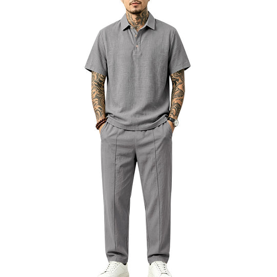 Herren Polo-Lounge-Set aus leichter Leinenmischung mit Kurzarm-Polo und gerader Bundfaltenhose Shop Nory