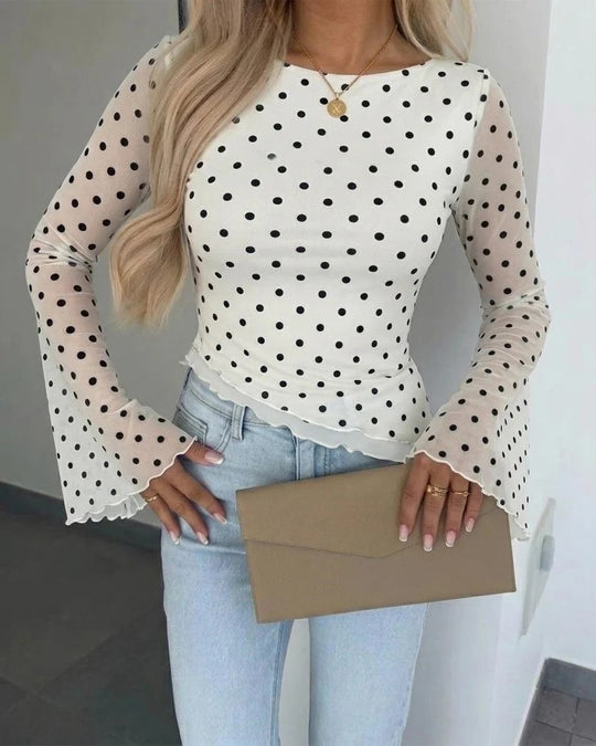 Damen Transparente Mesh-Polka‑Dot-Bluse mit taillierter Passform und Glockenärmeln Shop Nory