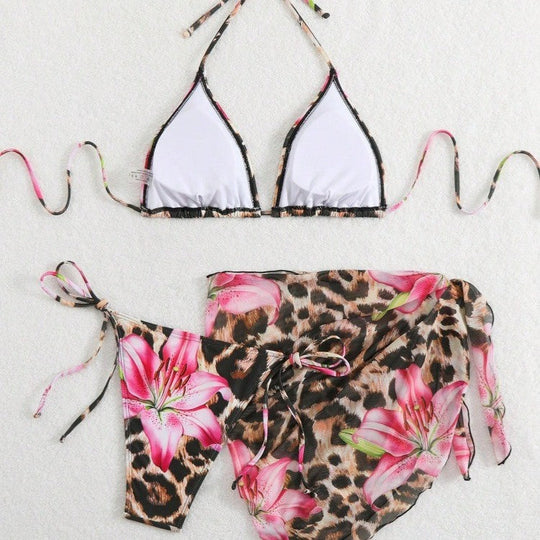 Damen Bikini-Set mit elegantem Leopardenmuster und verspielten Blumendetails