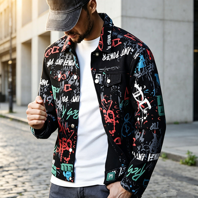 Herren Stilvolle Graffiti-Jeansjacke Shop Nory