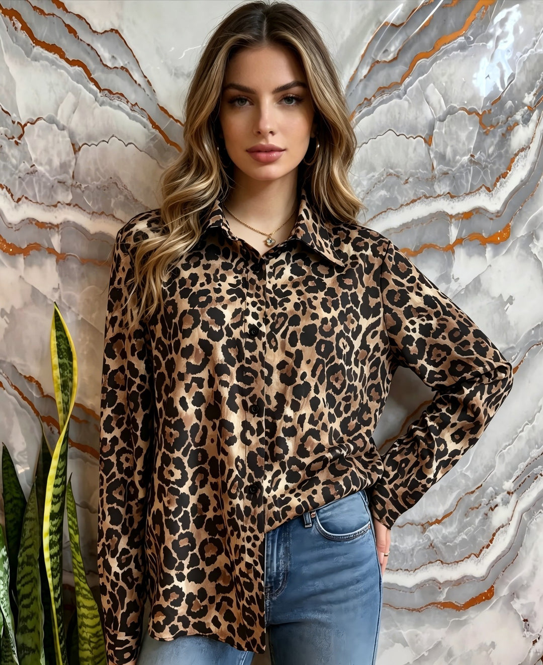 Damen Satin-Leopardenmuster Button-Up Bluse Shop Nory