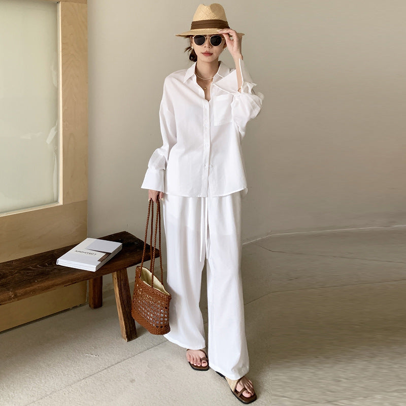 Damen Zweiteiliges Leichtes Loungewear-Set mit Oversize-Hemd und weiter Kordelbund-Hose Shop Nory