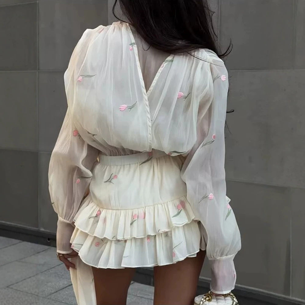 Damen Zweiteiliges Chiffon‑Set mit bestickter Transparentbluse und Volant‑Minirock Shop Nory