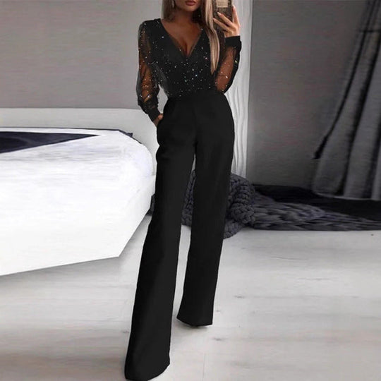 Damen Elegante Jumpsuit mit transparenter Bluse und schimmernden Akzenten
