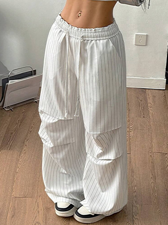 Damen Weite Nadelstreifen-Loungehose mit hohem Gummibund und Tunnelzug Shop Nory