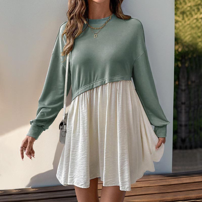 Damen Lässiges Sweatshirt-Babydoll-Kleid mit asymmetrischer Taillennaht und weiter Stufenrock Shop Nory