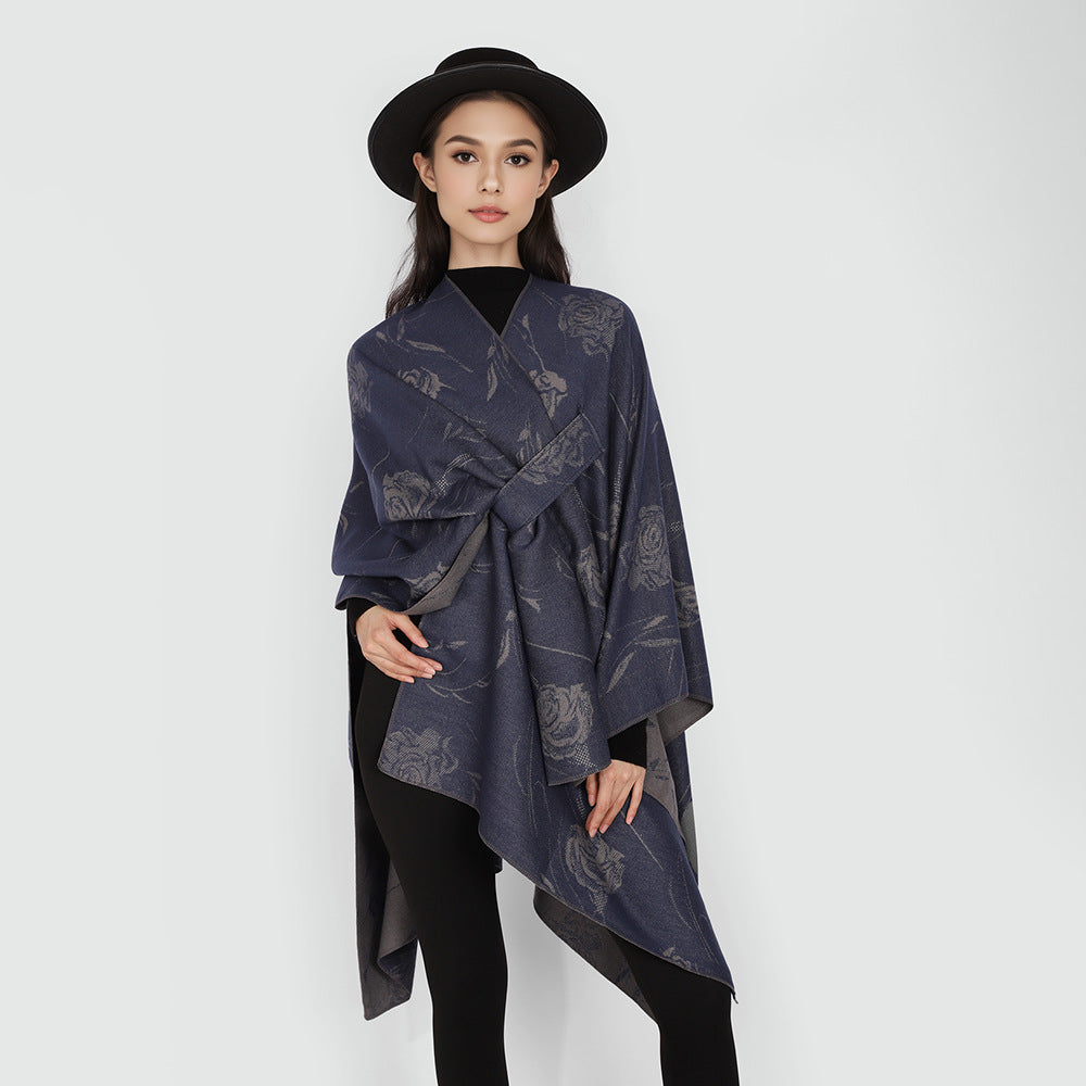 Damen Wendbarer Capeponcho mit Rosen-Jacquard und Bindegürtel Shop Nory