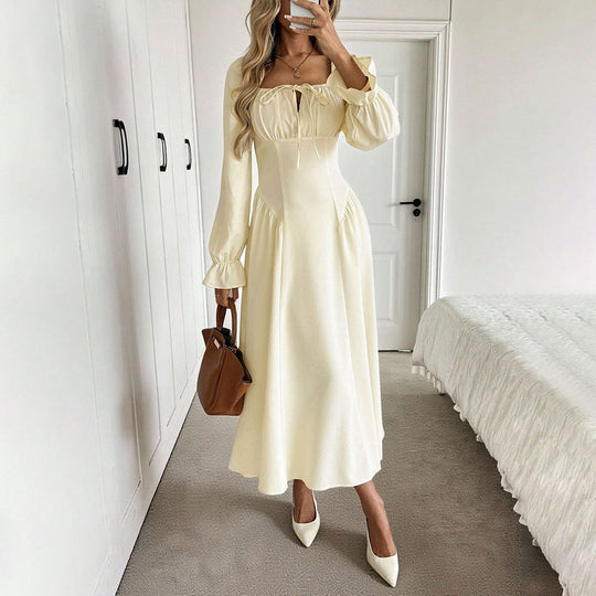 Damen romantisches Midikleid mit Korsagen-Taille, Quadratausschnitt und voluminösen Ärmeln Shop Nory