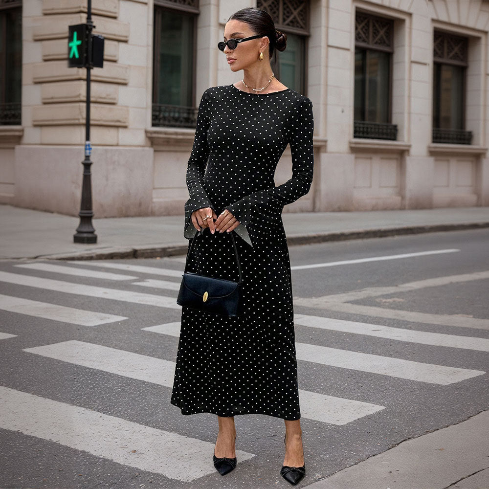 Damen elegantes Polka‑Dot Maxikleid mit tailliertem Oberteil, Trompetenärmeln und fließendem A‑Linien‑Rock Shop Nory