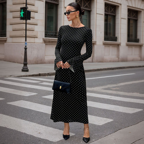 Damen elegantes Polka‑Dot Maxikleid mit tailliertem Oberteil, Trompetenärmeln und fließendem A‑Linien‑Rock Shop Nory