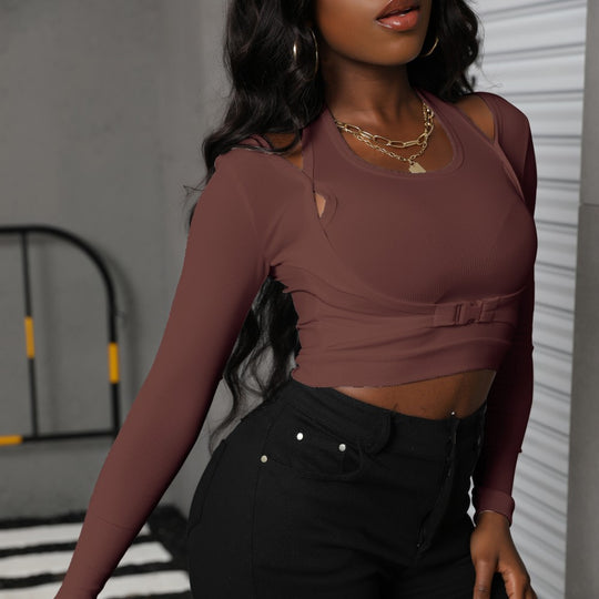 Damen Sculpting Crop-Top mit Cut-Out-Details, langen Ärmeln und verstellbarem Taillenriegel Shop Nory