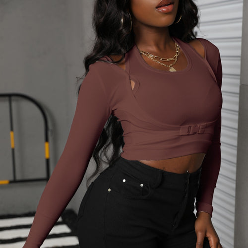 Damen Sculpting Crop-Top mit Cut-Out-Details, langen Ärmeln und verstellbarem Taillenriegel Shop Nory