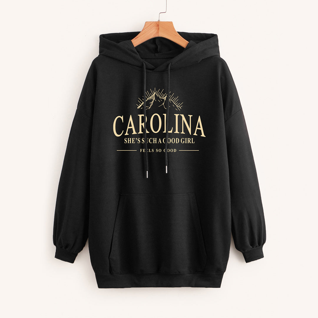 Damen Lässiger Oversize-Kapuzenpullover mit Statement-Print, Kängurutasche und Rippbündchen Shop Nory