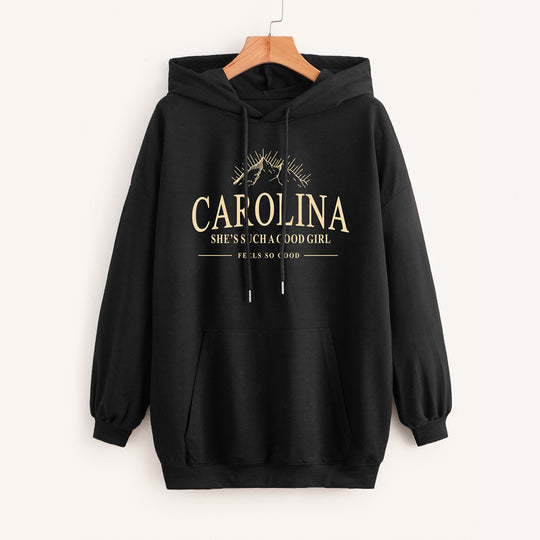 Damen Lässiger Oversize-Kapuzenpullover mit Statement-Print, Kängurutasche und Rippbündchen Shop Nory