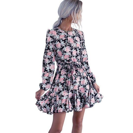 Damen Romantisches Midikleid mit floralem Print, geraffter Taille und Volant-Saum Shop Nory
