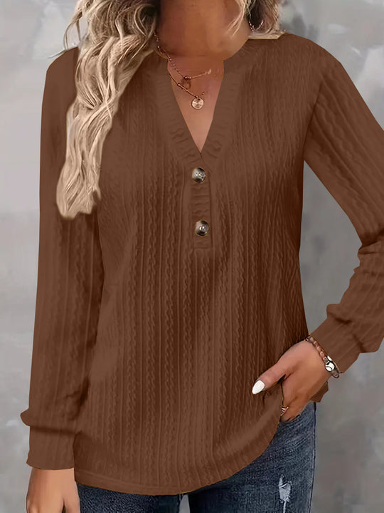 Damen Strukturiertes V‑Neck Langarmshirt mit Zierknopfleiste Shop Nory
