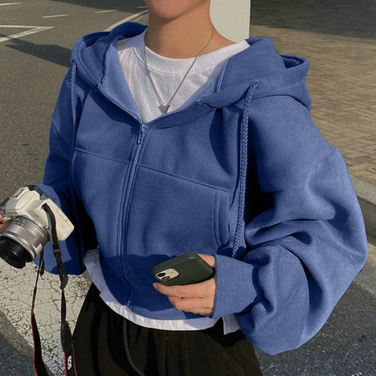 Damen nan oversized cropped Kapuzenjacke mit Reißverschluss und Ballonärmeln Shop Nory