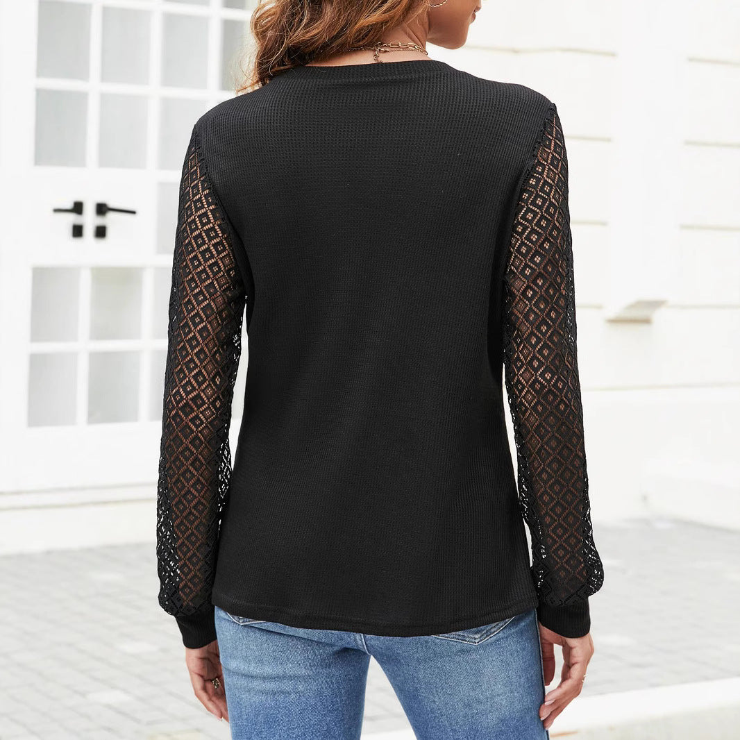 Damen Feinstrick-Pullover mit transparenten Spitzenärmeln und Rundhalsausschnitt Shop Nory